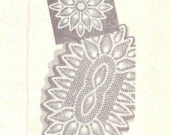 May include: Crocheted doilies pattern 550. Two doilies are shown, one small and one large. Both are white and have a floral design.