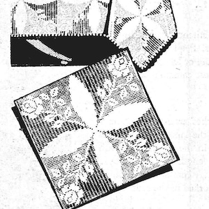 May include: Black and white illustration of a filet crochet square design with the text "Design 7413" and "Filet Crochet Square".
