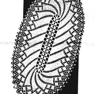 May include: Black and white illustration of a crocheted doily with a design number 685. The doily is oval shaped and has a swirling pattern. The text "Design 685" is printed above the doily. The text "Crocheted Doily" is printed below the doily.