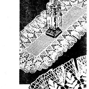 May include: Black and white image of a crocheted table runner with a scalloped edge. The runner is laid out on a table with a glass vase in the center. The image includes the text "Alice Brooke Design 7045".