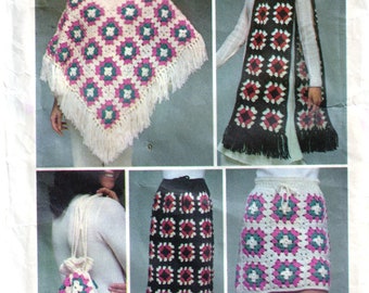 Vintage Crochet Pattern for Granny Square Skirts Purse Scarf Poncho Hat Instant Download PDF