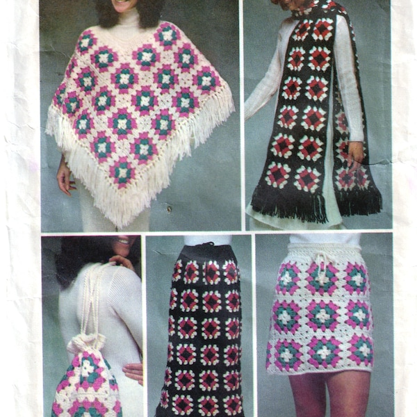 vintage Crochet Pattern for Grandma Square Jupes Purse Scarf Poncho Hat Instant Download PDF