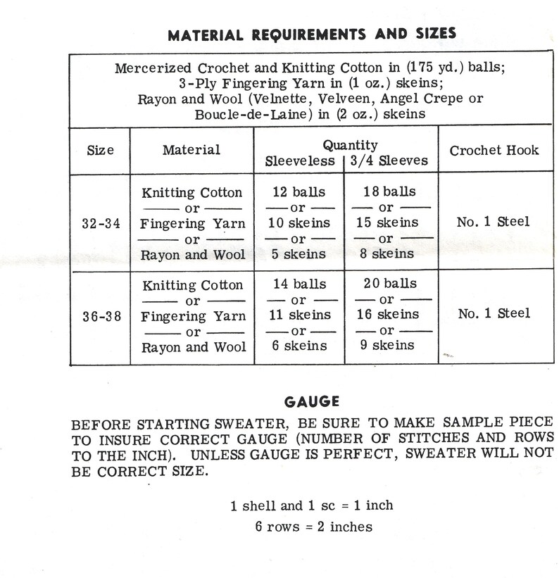 May include: A chart showing the material requirements and sizes for a sweater. The chart lists the size, material, quantity needed for sleeveless and 3/4 sleeves, and the crochet hook size. The materials listed are knitting cotton, fingering yarn, and rayon and wool. The sizes listed are 32-34 and 36-38. The crochet hook size is No. 1 Steel.