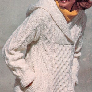 Vintage 70's Knit PDF Pattern for Knit Cable Aran Hooded Sweater Pullover Instant Download PDF