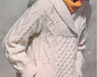 Vintage 70&#39;s Knit PDF Pattern for Knit Cable Aran Hooded Sweater Pullover Instant Download PDF