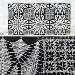 May include: Detailed black and white image of crochet patterns. The top section shows a repeating pattern of joined squares with floral and geometric designs. The bottom section displays close-ups of different crochet stitch patterns. Text includes "DETAIL OF JOINED SQUARES".