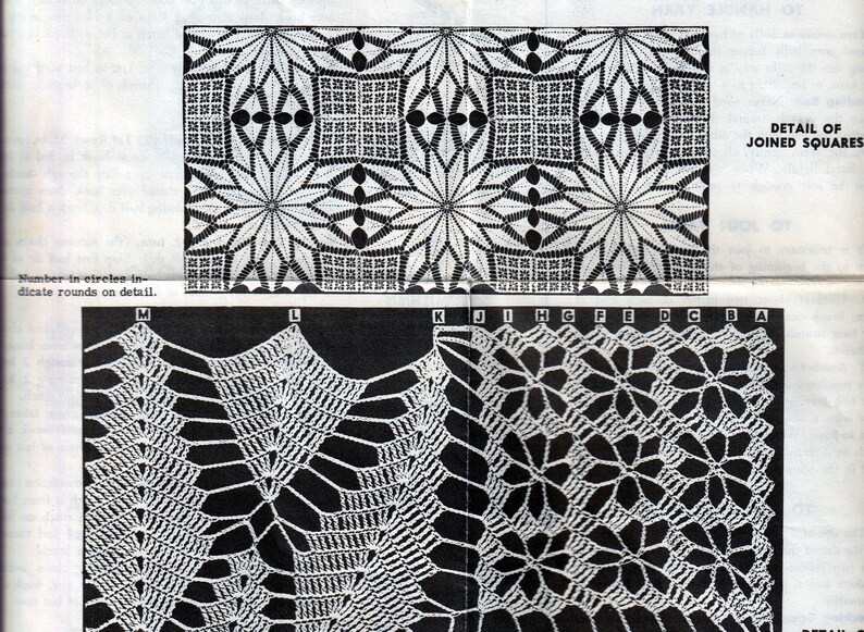 May include: Detailed black and white image of crochet patterns. The top section shows a repeating pattern of joined squares with floral and geometric designs. The bottom section displays close-ups of different crochet stitch patterns. Text includes "DETAIL OF JOINED SQUARES".
