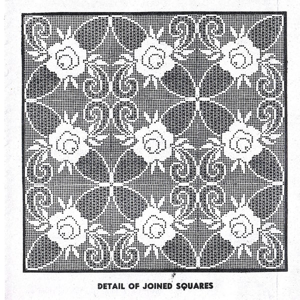 Vintage Filet Crochet Pattern for Filet Crochet Rose Tablecloth Bedspread Squares Instant Download PDF