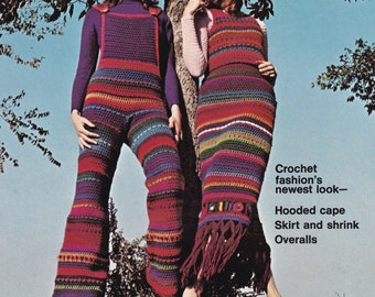 Vintage PDF Crocheted Pattern for 70&#39;s Overalls  Long Skirt Top and Long Cape 4 Patterns on One INSTANT DOWNLOAD