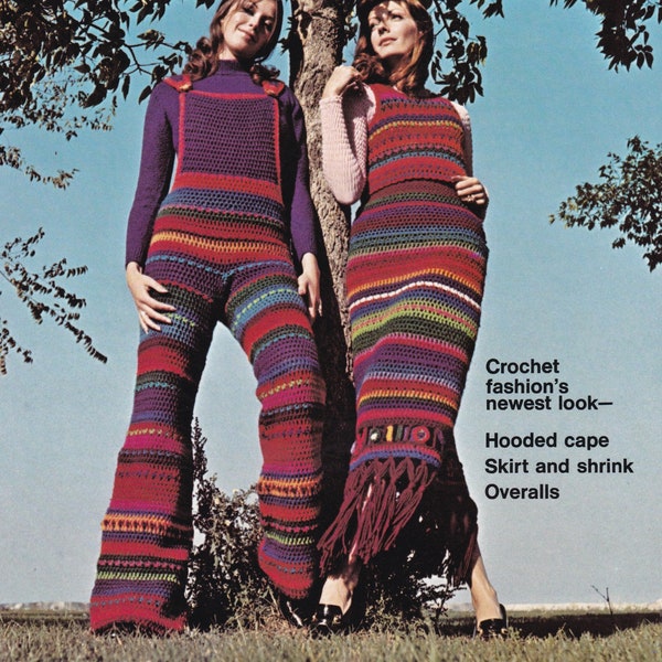 Modèle au crochet PDF vintage pour salopette des années 70, jupe longue, cape longue et 4 motifs en un TÉLÉCHARGEMENT IMMÉDIAT