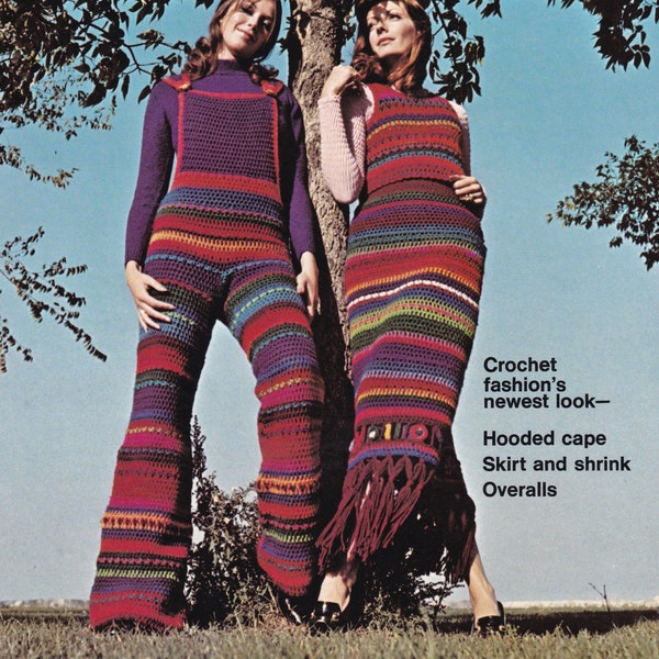 No AI Vintage PDF Crocheted Pattern for 70's Overalls  Long Skirt Top and Long Cape 4 Patterns on One INSTANT Download