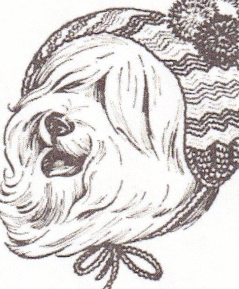 May include: A black and white line drawing of a dog wearing a knitted hat with a pom-pom on top. The dog is looking to the right and has its mouth open.