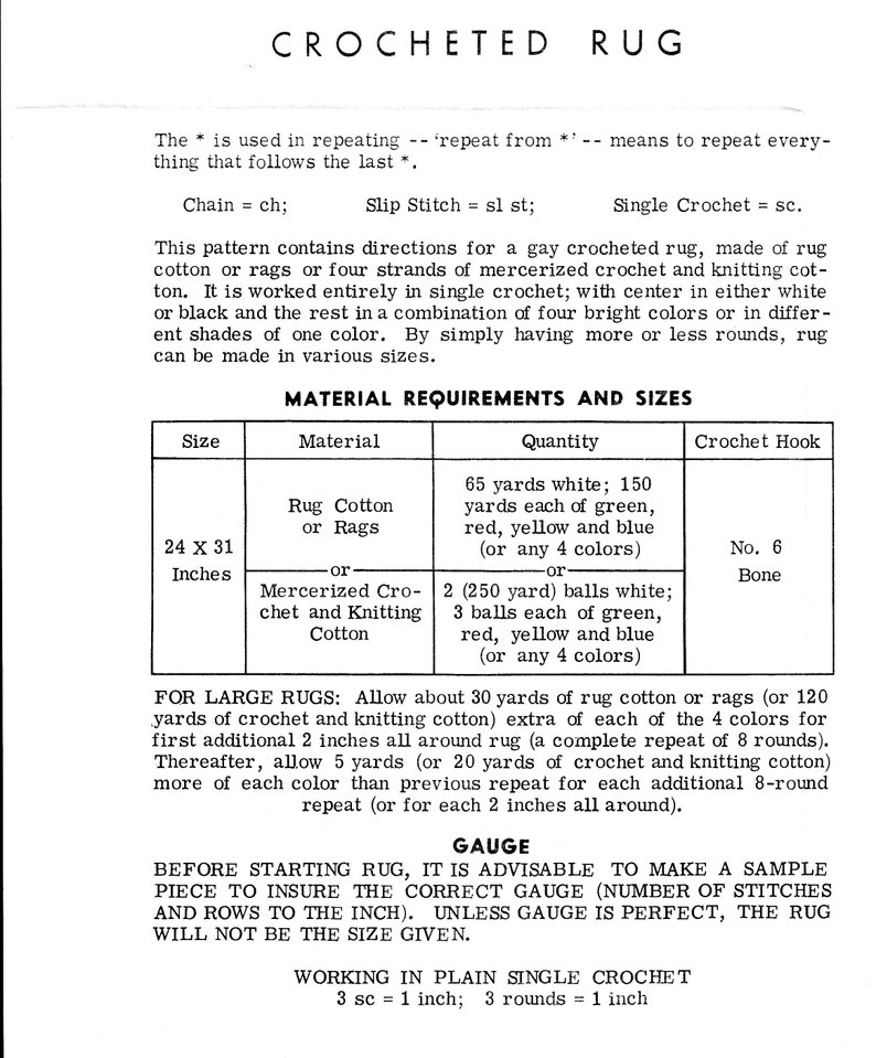 May include: Crocheted rug pattern instructions with material requirements and sizes. The pattern uses rug cotton or rags, mercerized crochet and knitting cotton. The rug is 24 inches by 31 inches and requires 65 yards of white cotton, 150 yards each of green, red, yellow and blue cotton, or any 4 colors. The crochet hook size is No. 6 bone.