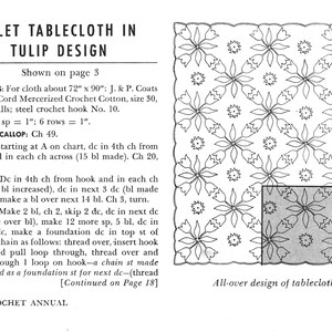 May include: A black and white illustration of a crochet tablecloth pattern with a tulip design. The pattern is shown in a square shape with a smaller square section highlighted. The text "All-over design of tablecloth" is below the image. The text "1949 CROCHET ANNUAL" is at the bottom of the page.