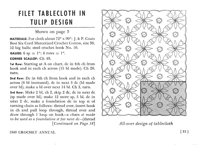 May include: A black and white illustration of a crochet tablecloth pattern with a tulip design. The pattern is shown in a square shape with a smaller square section highlighted. The text "All-over design of tablecloth" is below the image. The text "1949 CROCHET ANNUAL" is at the bottom of the page.
