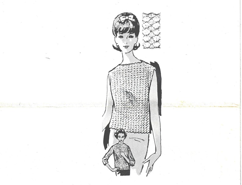 May include: A black and white line drawing of a woman wearing a sleeveless crocheted top. The top has a boat neck and a loose fit. The woman is wearing a bow in her hair and has a simple hairstyle. The drawing is on a white background.