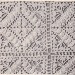 May include: A close-up of a white crocheted doily with a repeating pattern of squares and circles.