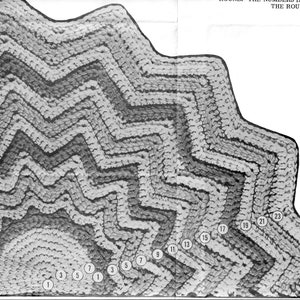 May include: A black and white image of a crocheted rug with a zig-zag pattern. The rug is made up of 23 rounds, with each round numbered in a circle.