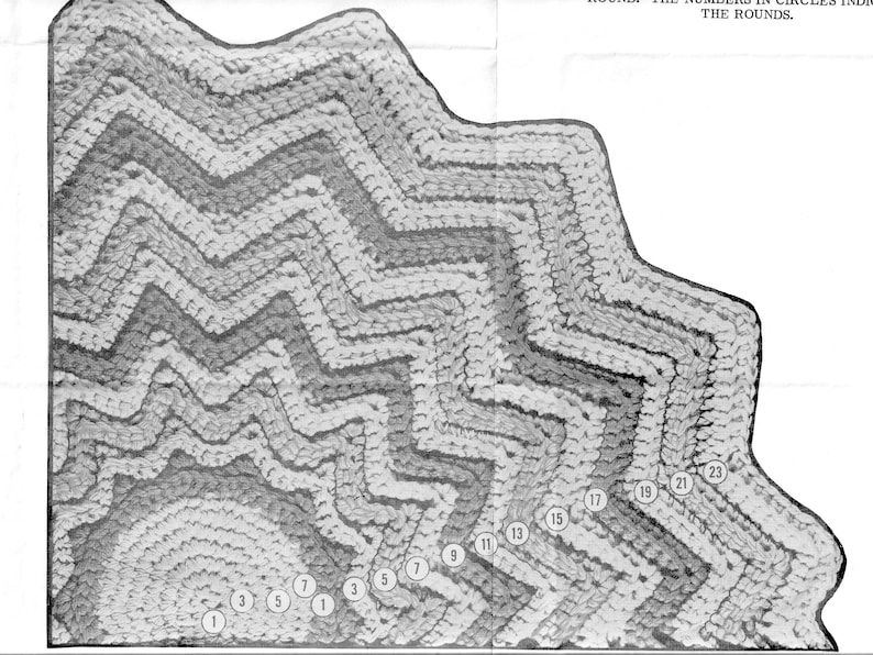 May include: A black and white image of a crocheted rug with a zig-zag pattern. The rug is made up of 23 rounds, with each round numbered in a circle.