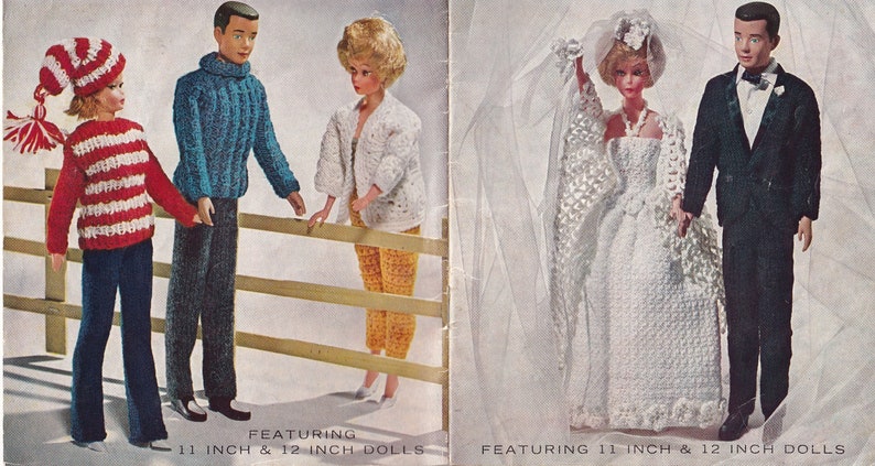 May include: Two crochet doll outfits, one for a boy and one for a girl. The boy's outfit is a blue sweater and pants. The girl's outfit is a white sweater and pants. The outfits are designed for 11 and 12 inch dolls. "Featuring 11 inch & 12 inch dolls" is printed on the page.