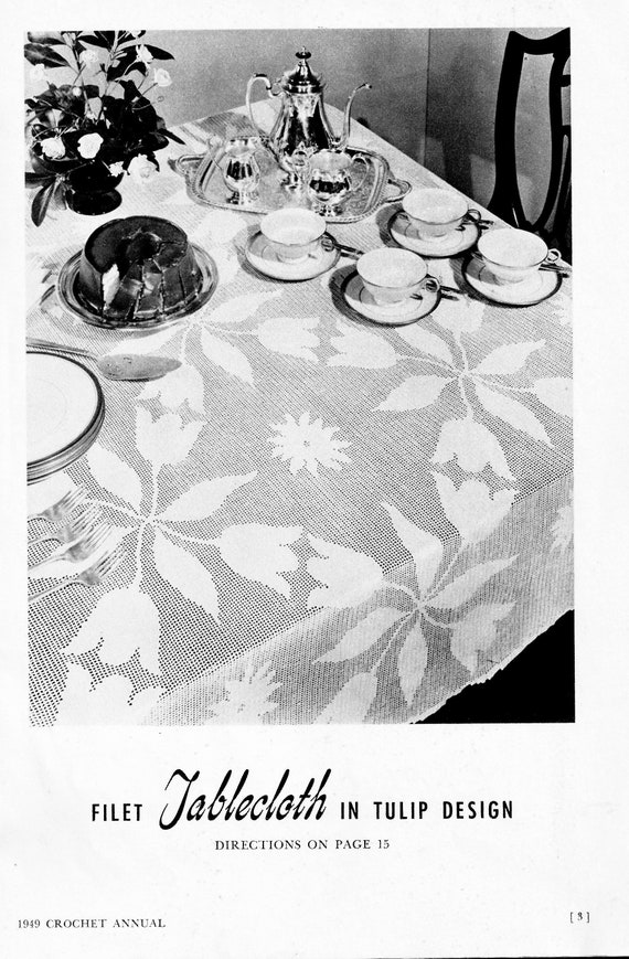 Vintage Filet Crochet Tablecloth Pattern Tulip Design INSTANT DOWNLOAD PDF