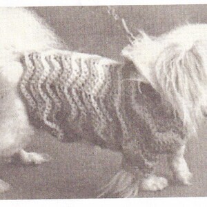 May include: A white dog wearing a brown and white knitted sweater. The dog is sitting on a light brown surface.