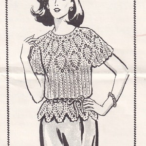 May include: A black and white line drawing of a woman wearing a crocheted blouse with a scalloped hem. The blouse has a delicate floral pattern. The image is labelled "Design 713" and "Crocheted Blouse".