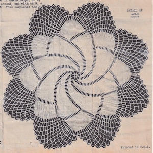 May include: A black and white crochet doily with a detailed pattern. The doily is circular and has a centre with a spiral design. The text "DETAIL OF LARGE DOLLY" is printed in the top right corner of the image. The text "Printed in U.S.A." is printed in the bottom right corner of the image.