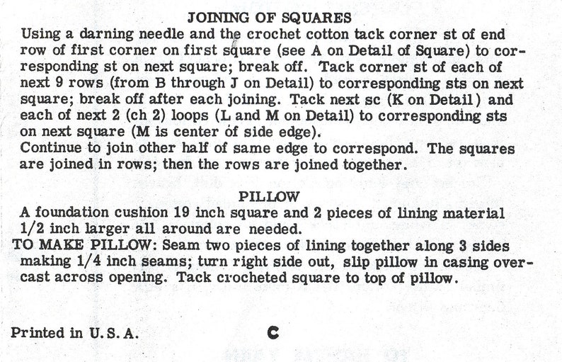 May include: A printed page with instructions for joining crochet squares and making a pillow. The text includes details on using a darning needle, tacking corners, and the dimensions of the pillow, which is 19 inches square. The text is printed in black ink.