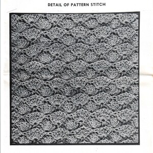 May include: Close-up detail of a crochet stitch pattern. The pattern is made up of small, repeating shapes that create a textured, lacy effect. The stitch is shown in black and white.