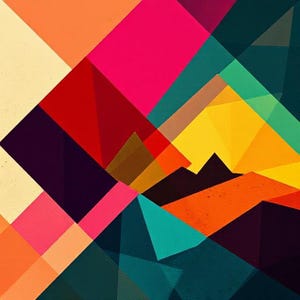 May include: Abstract geometric pattern with overlapping shapes in shades of orange, yellow, red, pink, teal, brown, and black.