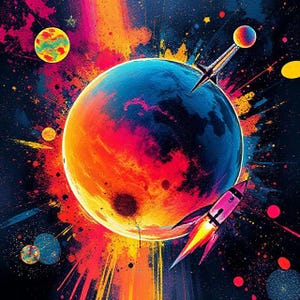 Puede incluir: Una pintura abstracta vibrante de un planeta con una superficie roja y naranja, rodeado de salpicaduras y rayas de colores. Dos cohetes vuelan hacia el planeta, uno en la esquina superior derecha y otro en la esquina inferior derecha.