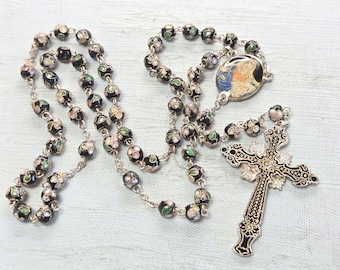 Vintage Cloisonne Enamel Rosary: Signed Vatican Museum Pink Flower Beads Lacquered Cross 1980s