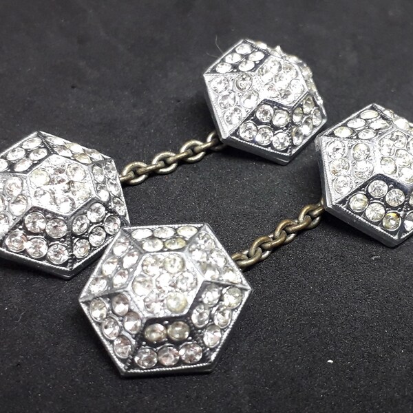 1930s Sparkly Diamante Cufflinks... Vintage Double Links... Hexagonal Silvertone Metal