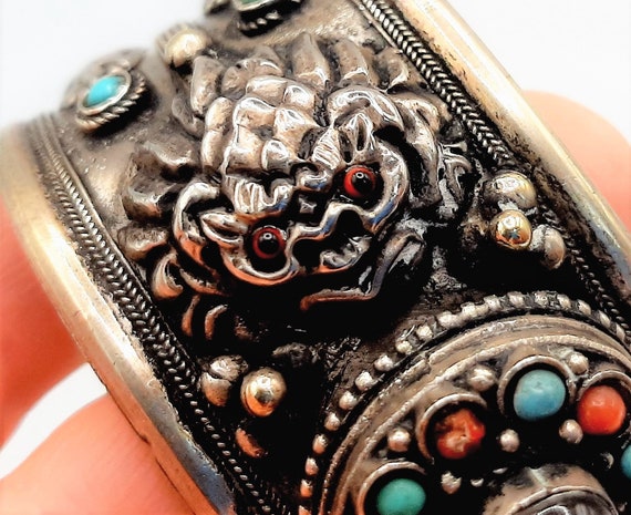 Dark Silver Dragon Cuff Bangle... Ornate Tibetan.… - image 5