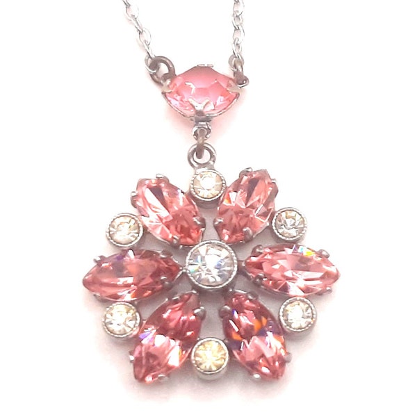 Bright Pink Cluster Pendant Necklace... Clear Diamante... Silvertone Metal... c.1950s... Chrome Chain