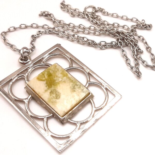 Connemara Marble Chunky Pendant... Mid Century Brutalist... Long Chain Necklace... Silvertone Metal... Green Iona Marble