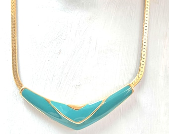 c.1980s Turquoise Enamel Bib Necklace Bright Goldtone Flat Chain