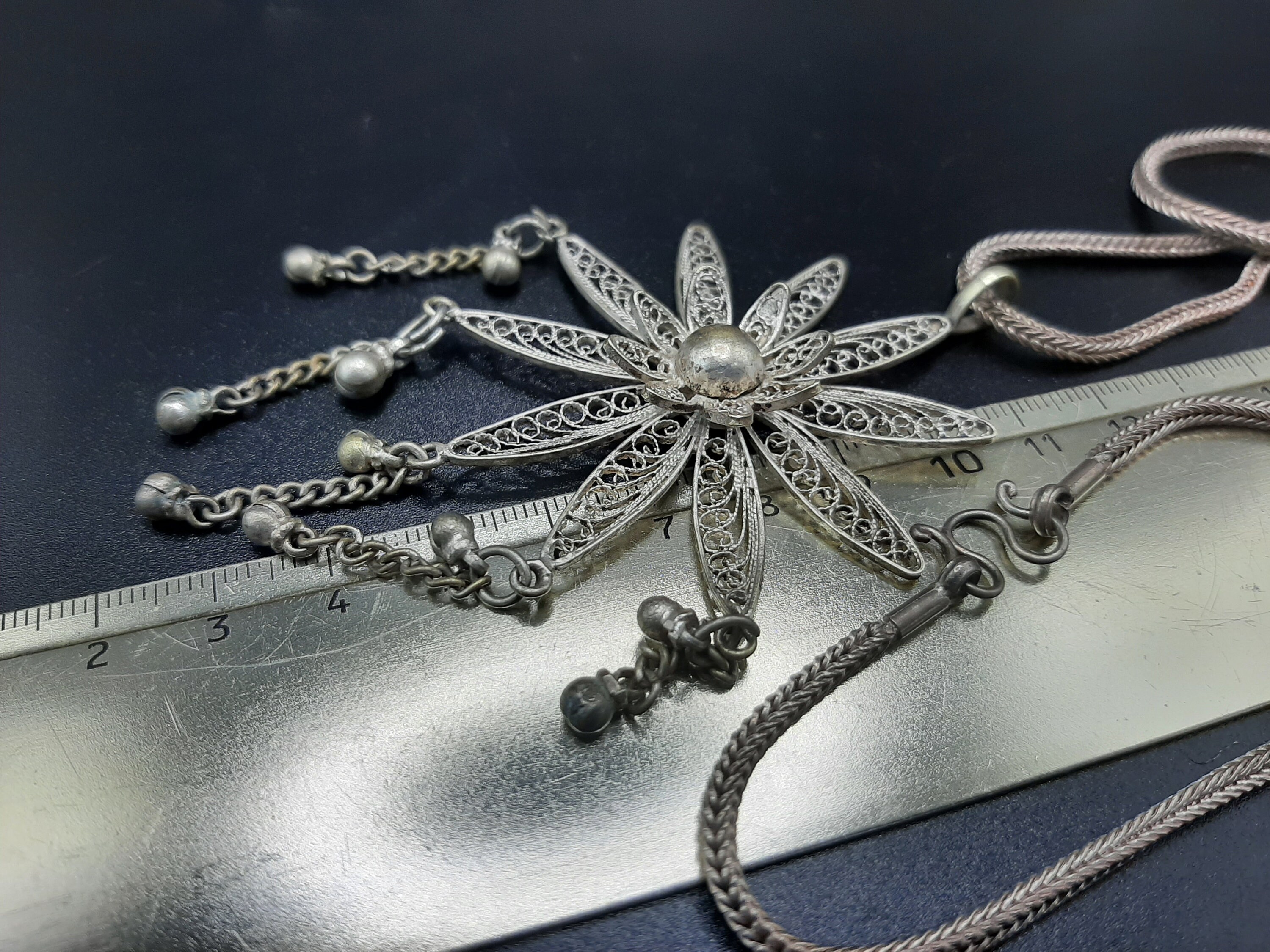 Chunky Filigree Flower Pendant Tassle Drops Long Fancy