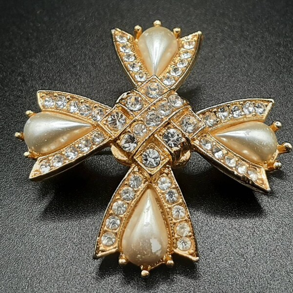 c.1980s Large Cross Brooch... Bright Gold... White Pearl & Clear Diamantes