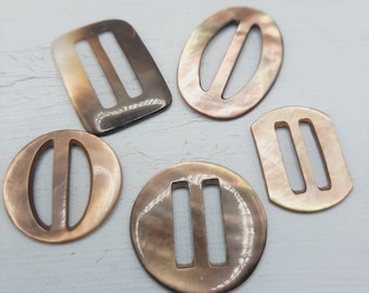 5x Miniature Mother of Pearl Buckles... Dainty Smoky-Grey... Mixed Shape Size... Dyed Pearl Sliders