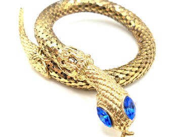 Vintage Mesh Snake Bangle: Gold Tone Mesh, Blue Glass Eyes, c.1970s Adjustable Small Statement