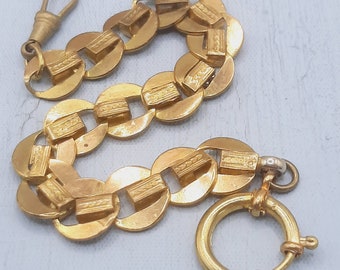 Antique Gold Watch Chain... Chunky Textured Folded Link... Over-Size Bolt Ring... Dog Clip... c.1910s (c)