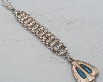 Antique Metal Strap Fob... Old Watch Clasp... Plated Chrome Dog Clip... Teal Glass Pendant