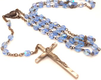 Vintage Czech Glass Catholic Rosary... Bright Blue and Silver... AB Lustre Beads