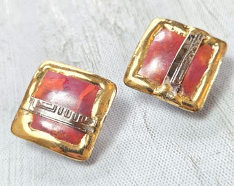 Mixed Metal Clip-On Earrings: Avant Garde Design, Copper Gold Silver, Square Stud Earrings