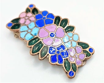 c.1930s Bright Enamel Dress Clip... Purple Blue Green Flowers... Miniature Clip