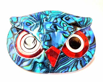 c.1990s Plastic Owl Brooch, Bright Paua Shell Lucite Large Statement Piece