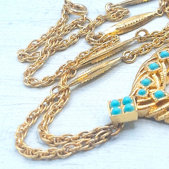 Goldtone & Turquoise Glass Necklace... Wreath Pen… - image 5