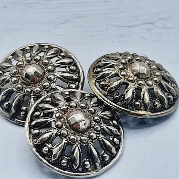 3x Dark Silver Brutalist Buttons... c.1960s Textured Metal... 28mm Wide Domed... Keyhole Shanks